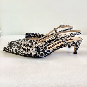 Sergio Rossi Metallic Silver/Black Leopard Pointed Kiten Heel Slingback Pump 6.5